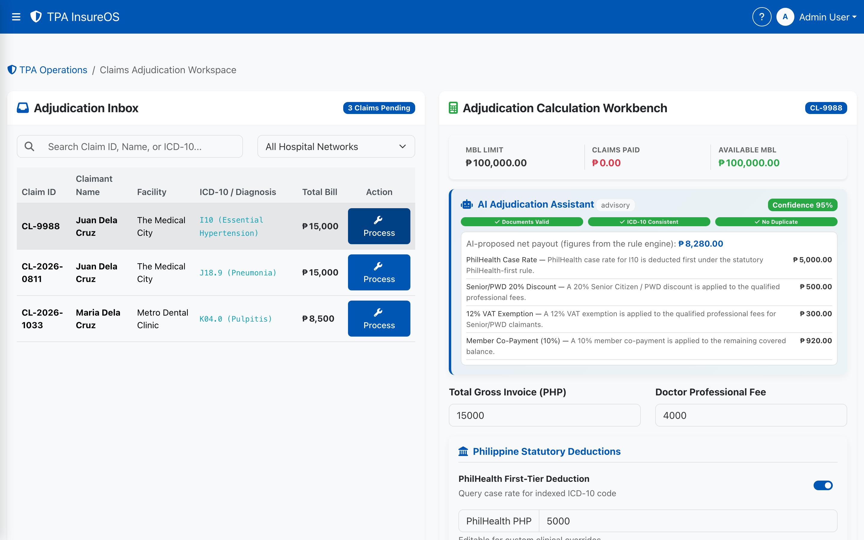 InsureOS claims adjudication workbench with AI assistant and PhilHealth statutory deductions