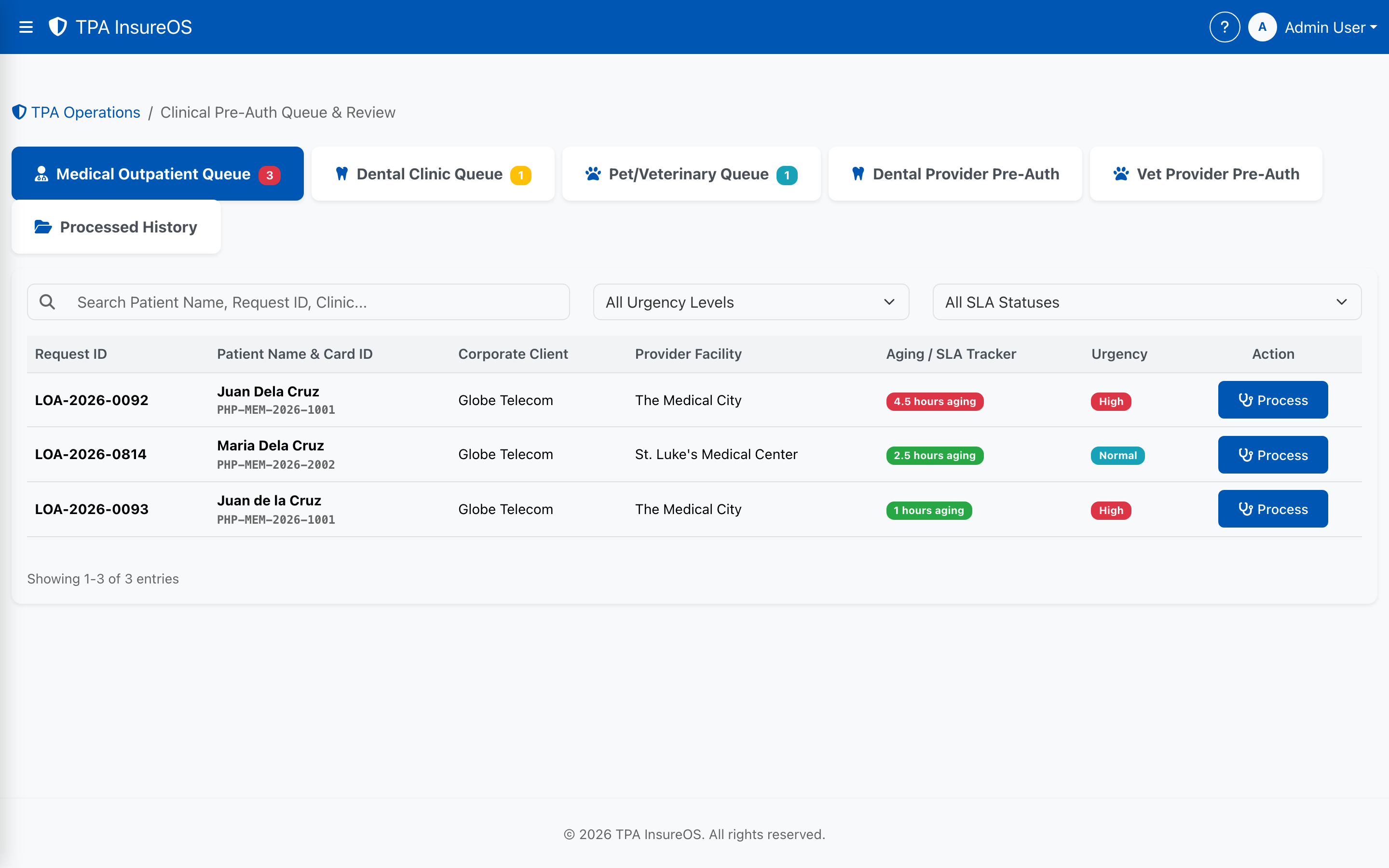 InsureOS clinical pre-authorization queue with medical, dental and veterinary tabs