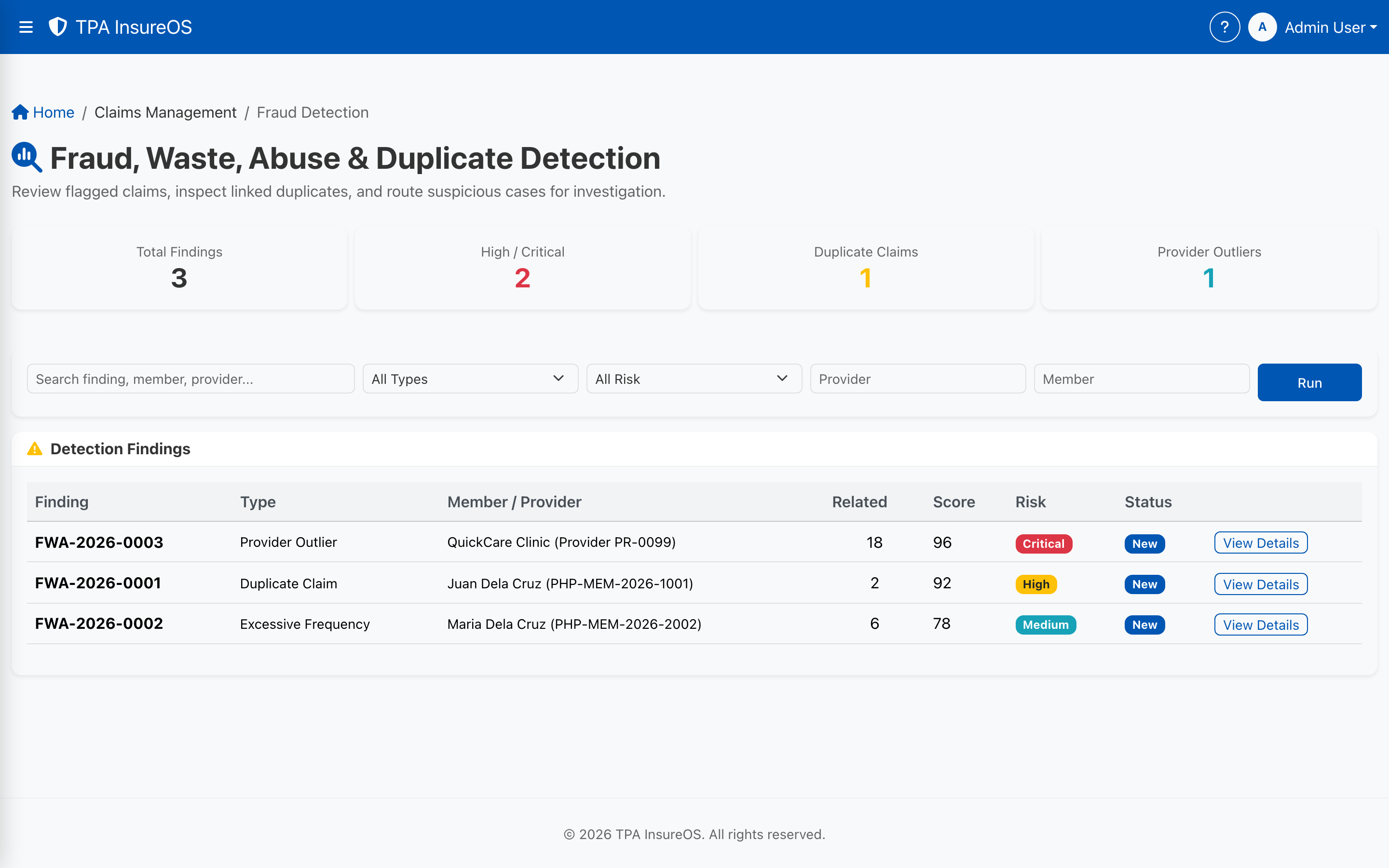 InsureOS fraud, waste and abuse detection dashboard with risk-scored findings