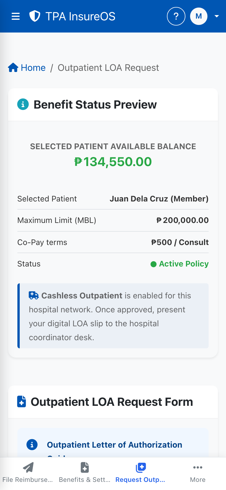 InsureOS member mobile app showing cashless LOA request and benefit balance